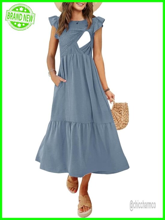 Dresses & Skirts - Nursing Dress Flutter Short Sleeve Crew Neck Smocked Elastic Waist Tiered Midi